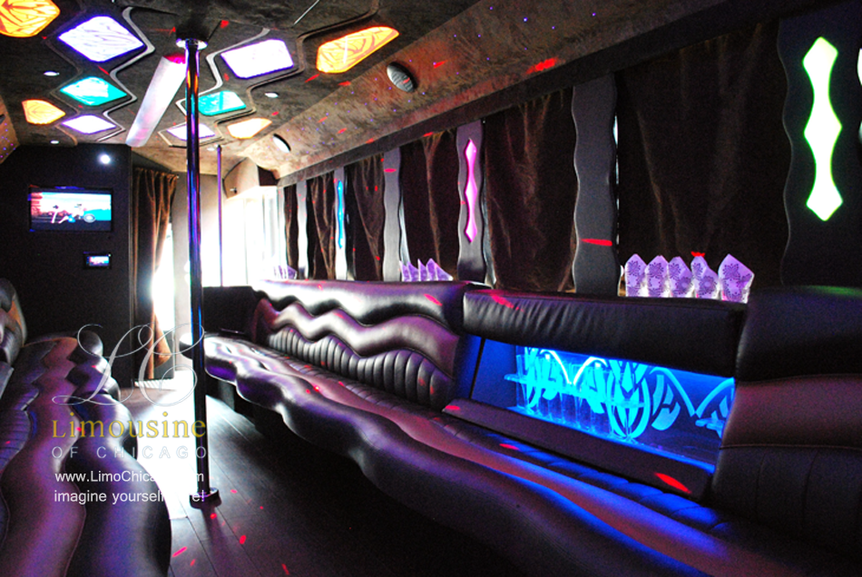 limo party bus inside pole led bar tv behind