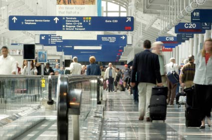 Busy airport travel day