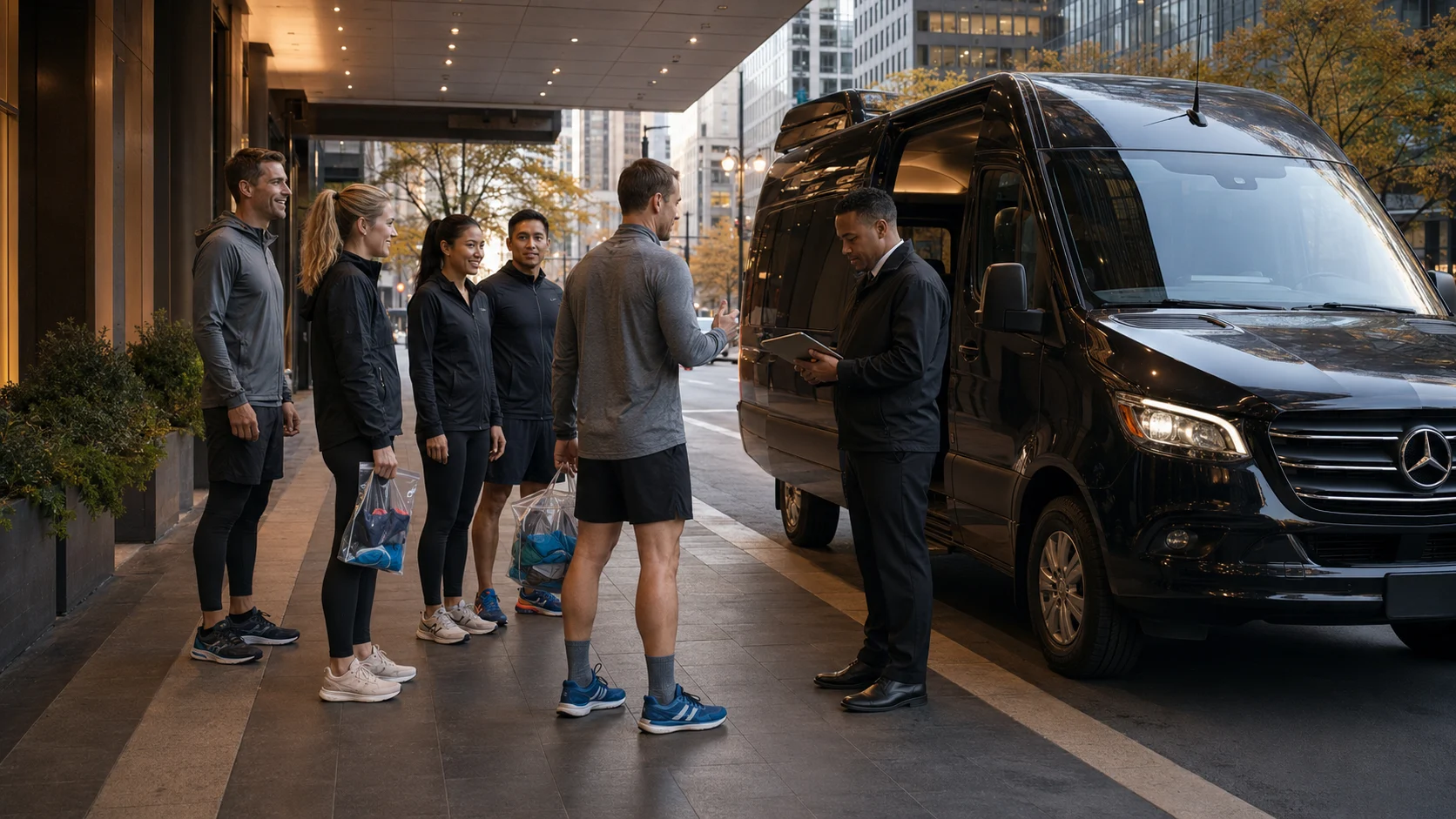 Corporate running team boarding private transportation for the Chicago Marathon