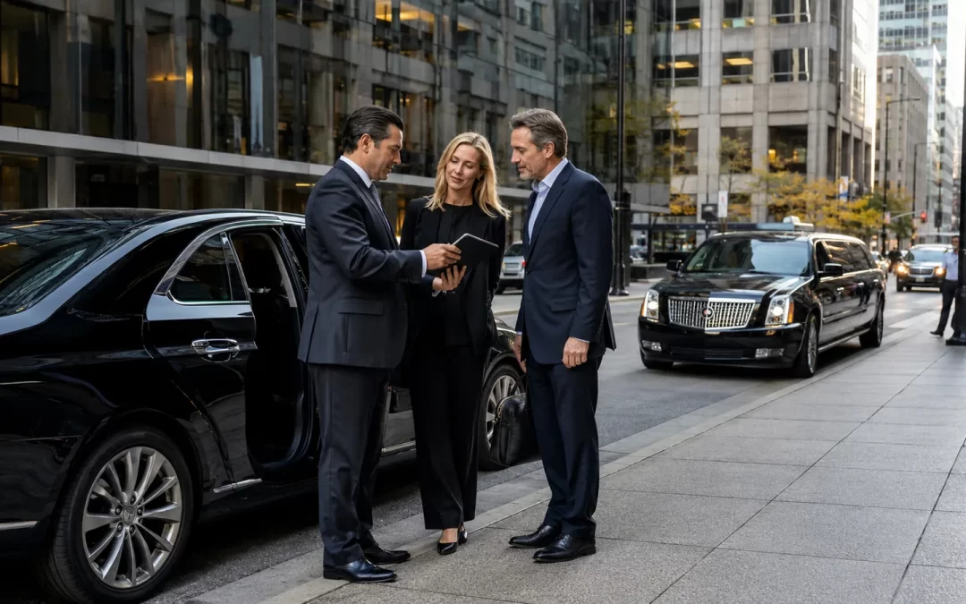 Business travelers reviewing an hourly Chicago limo itinerary