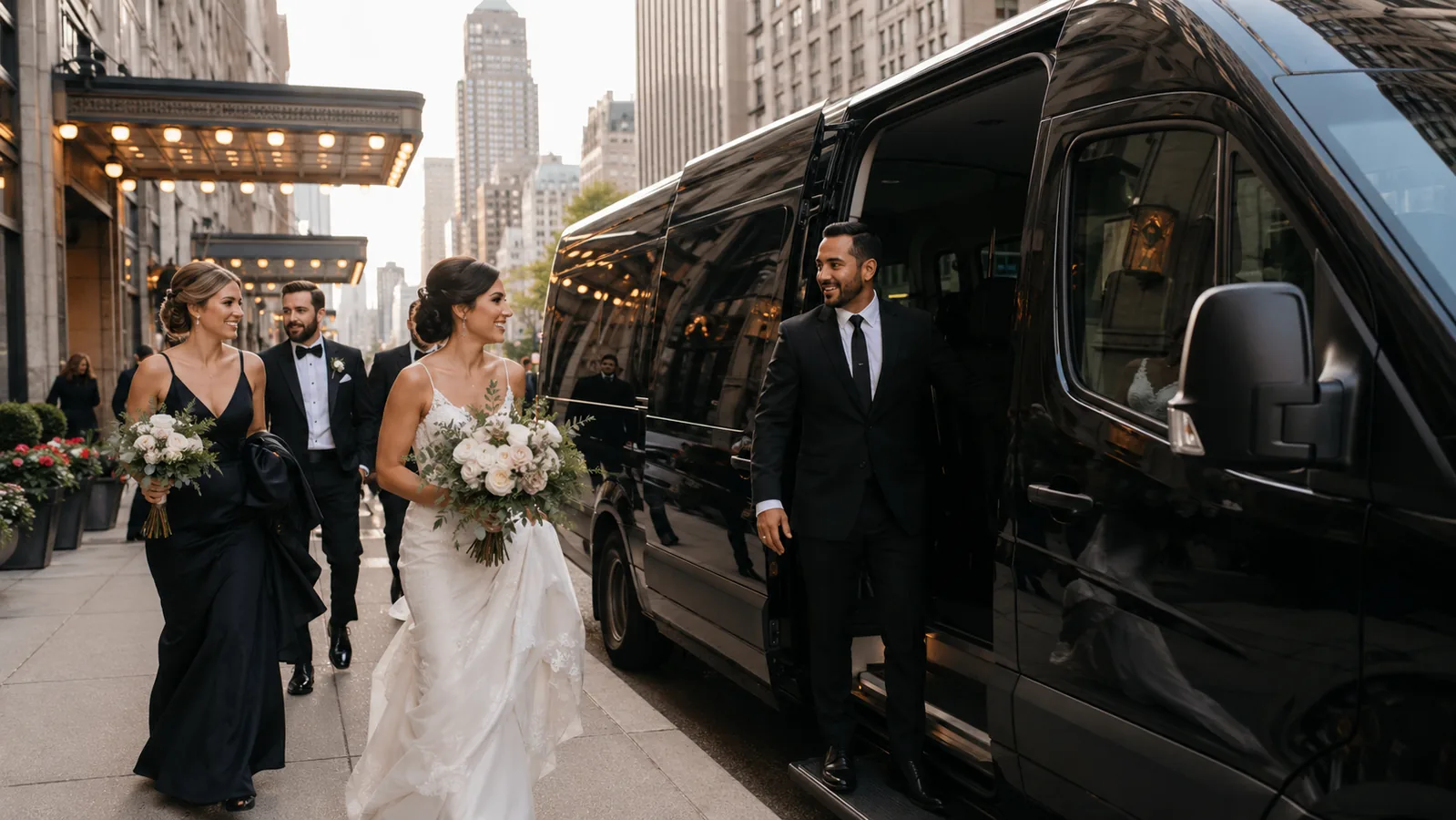 Wedding party returning to an hourly chauffeured van in Chicago