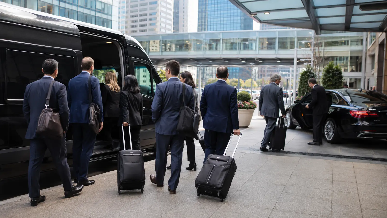 Corporate group boarding a Sprinter van outside a Chicago hotel