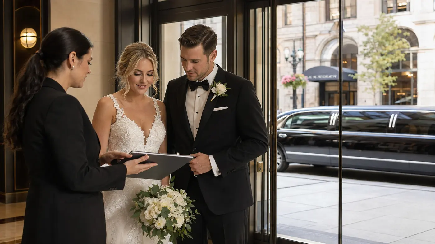 Chicago wedding couple confirming limousine timing with a coordinator
