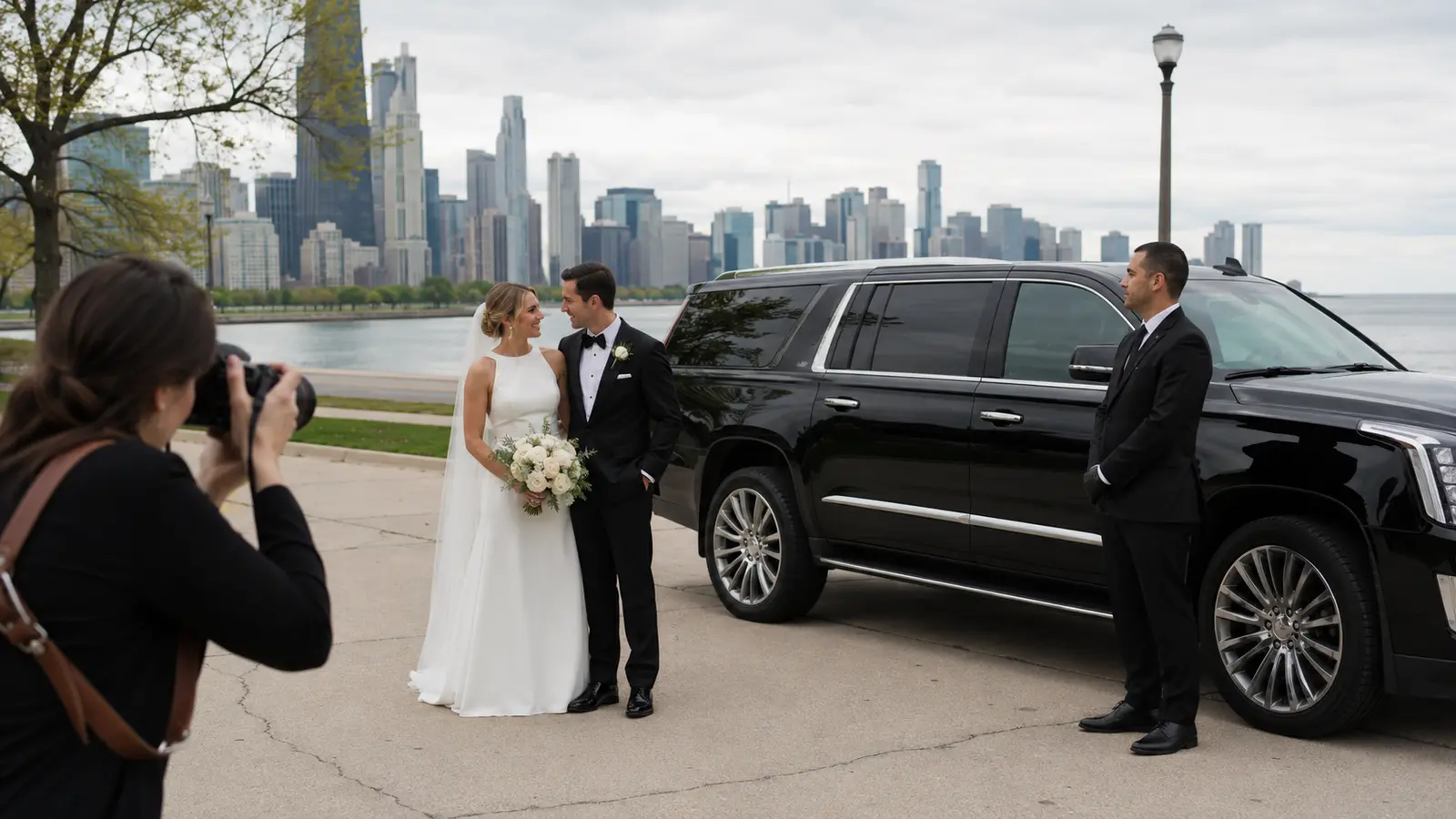 Chicago newlyweds taking lakefront photos beside a chauffeured SUV