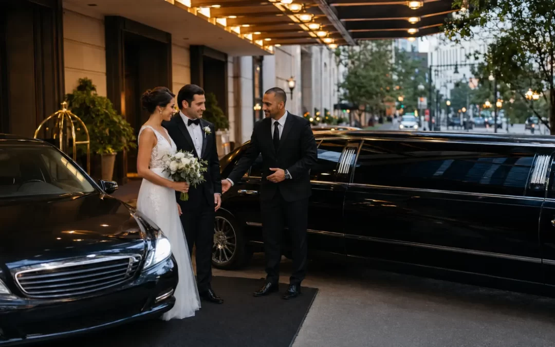 Downtown Chicago bride and groom with a black wedding limousine