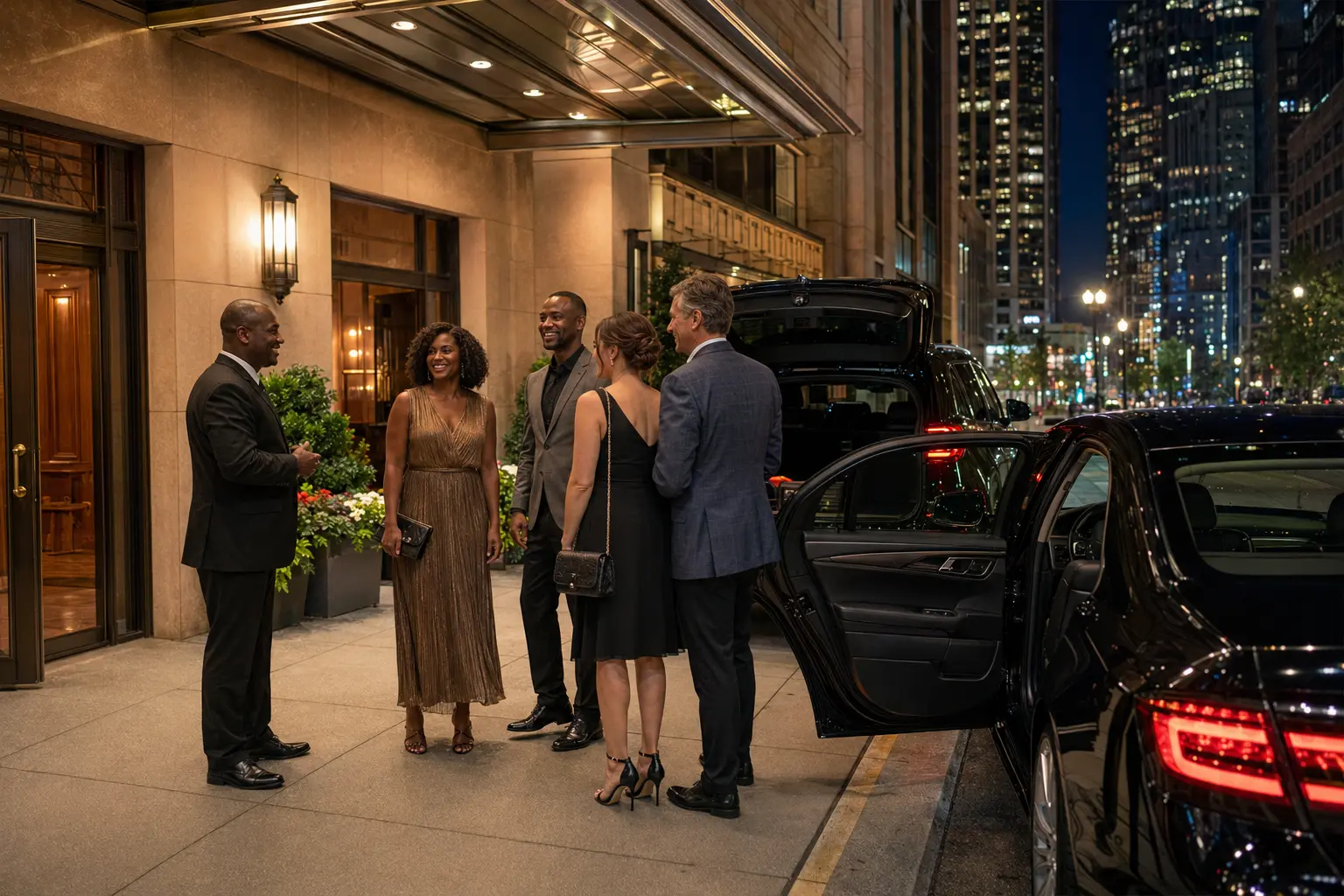 Chauffeur coordinating an evening pickup after a downtown Chicago jazz performance