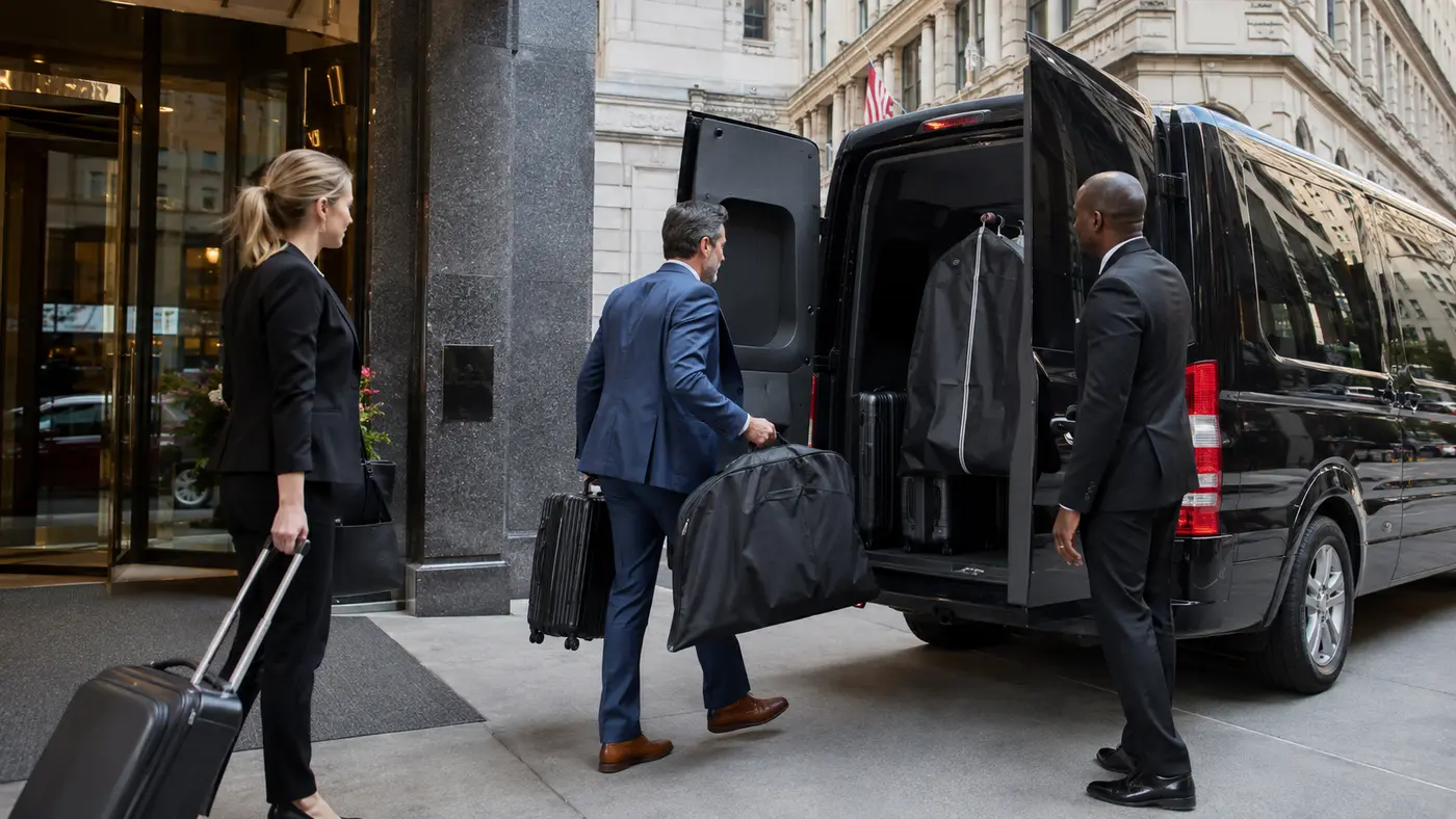 Business travelers loading luggage into an executive van in Chicago