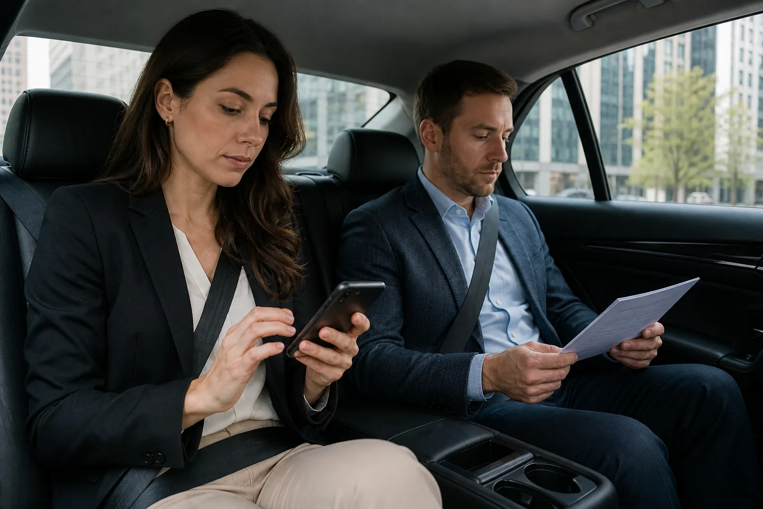 Business hosts reviewing a multi-stop Chicago itinerary inside an executive car