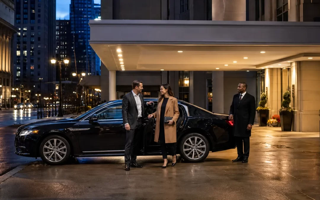 Business guests meeting an executive sedan outside a downtown Chicago hotel
