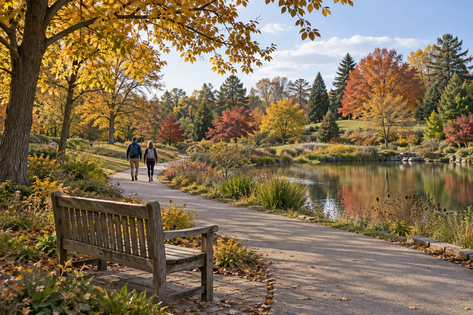 Two adults walk along a curving pondside path beneath autumn trees