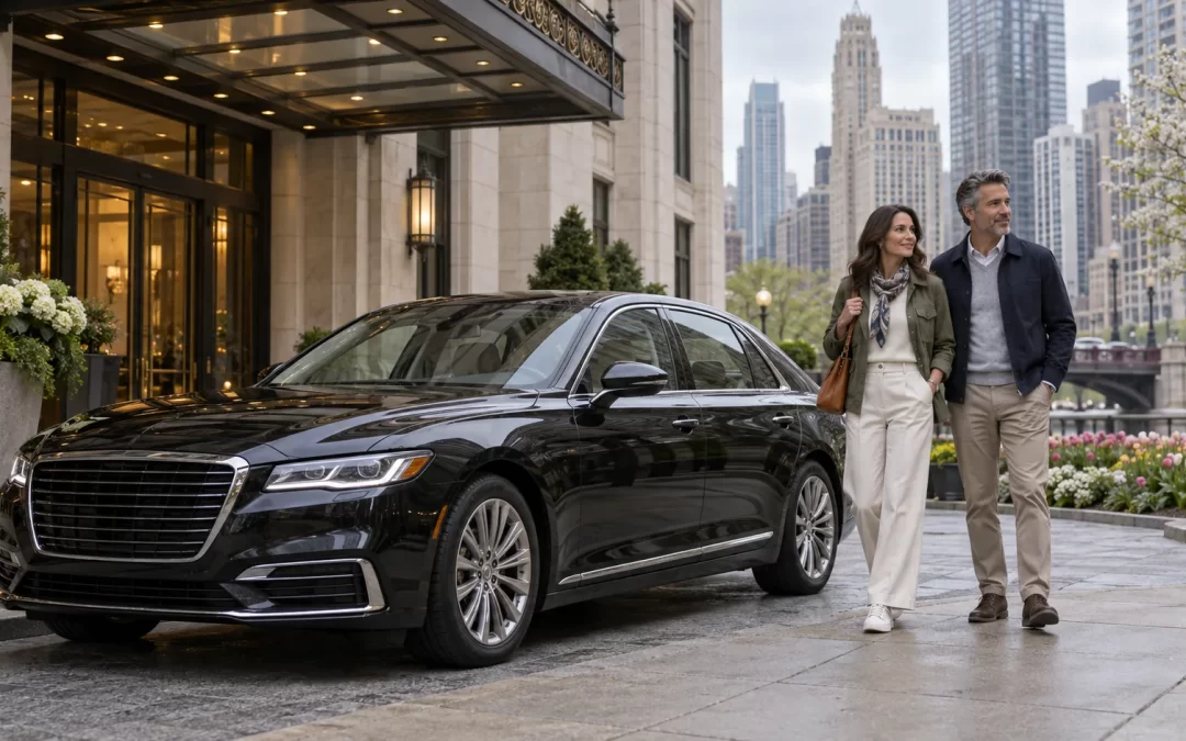Two adults stand beside a black sedan outside a limestone Chicago hotel entrance