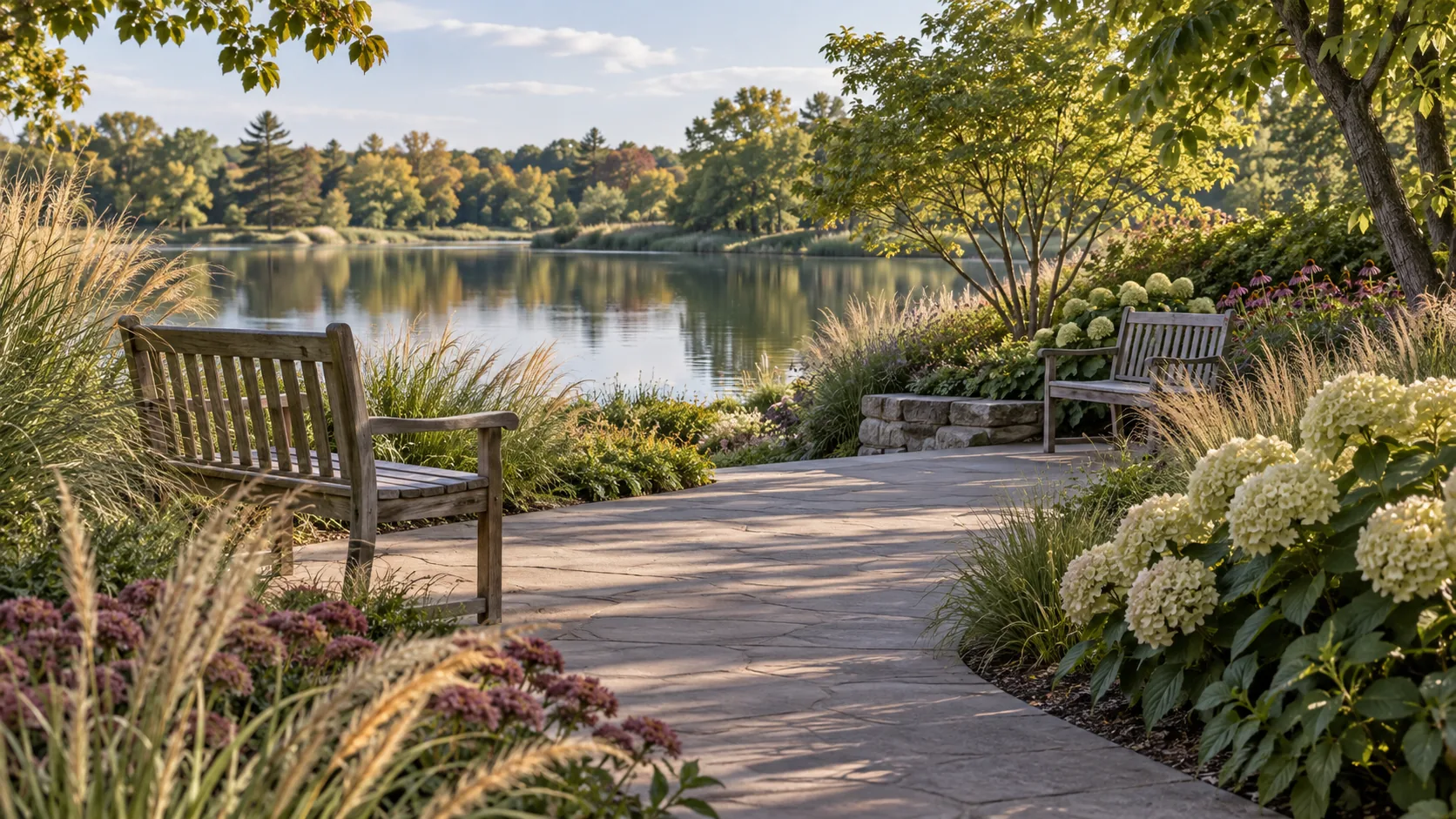 Two wooden benches beside a paved garden path overlooking a lake and ornamental grasses