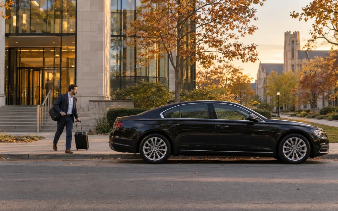 Business traveler with a carry-on and shoulder bag walking toward a parked sedan