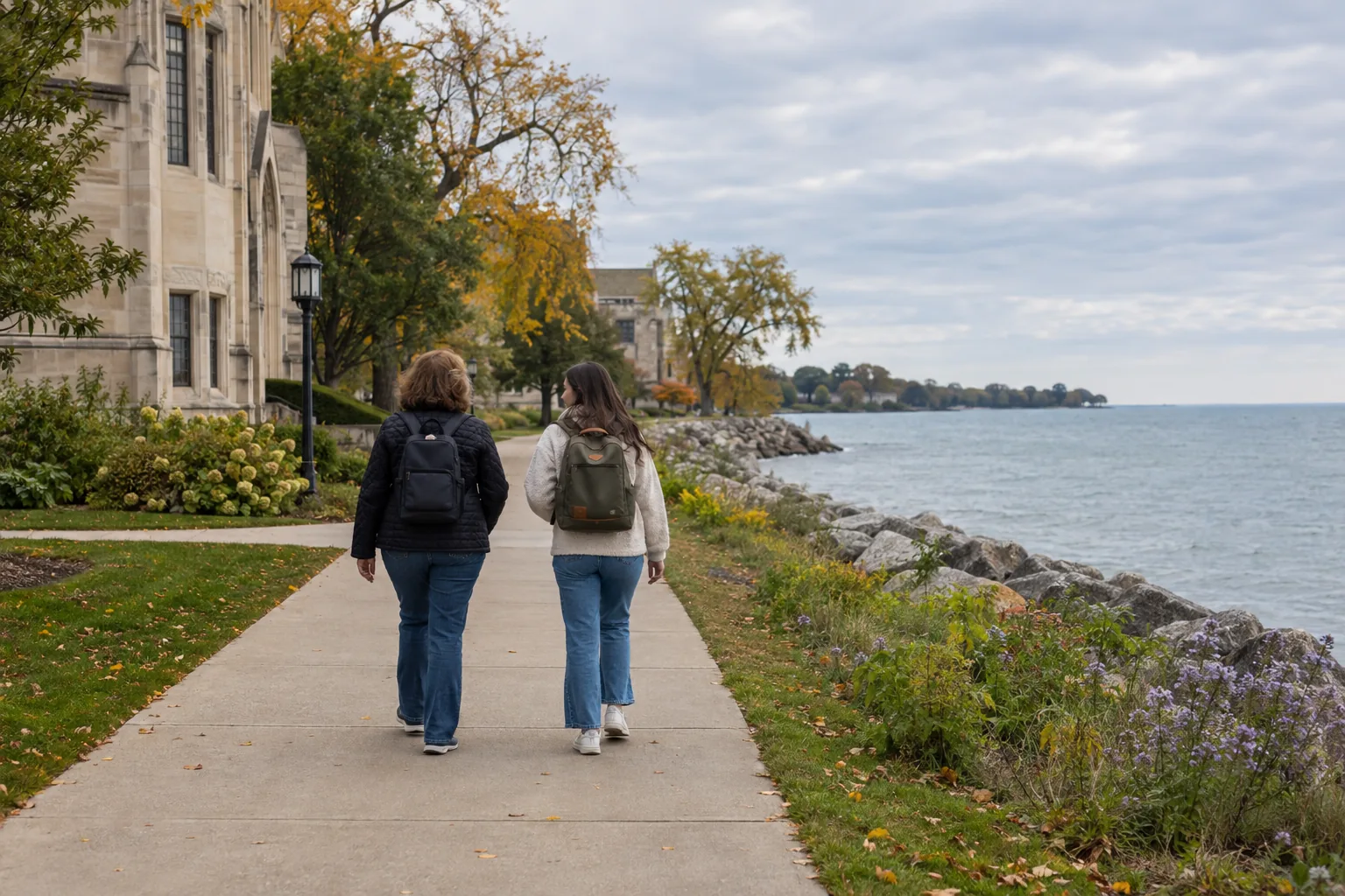 Two visitors with daypacks walking beside a limestone campus building and Lake Michigan