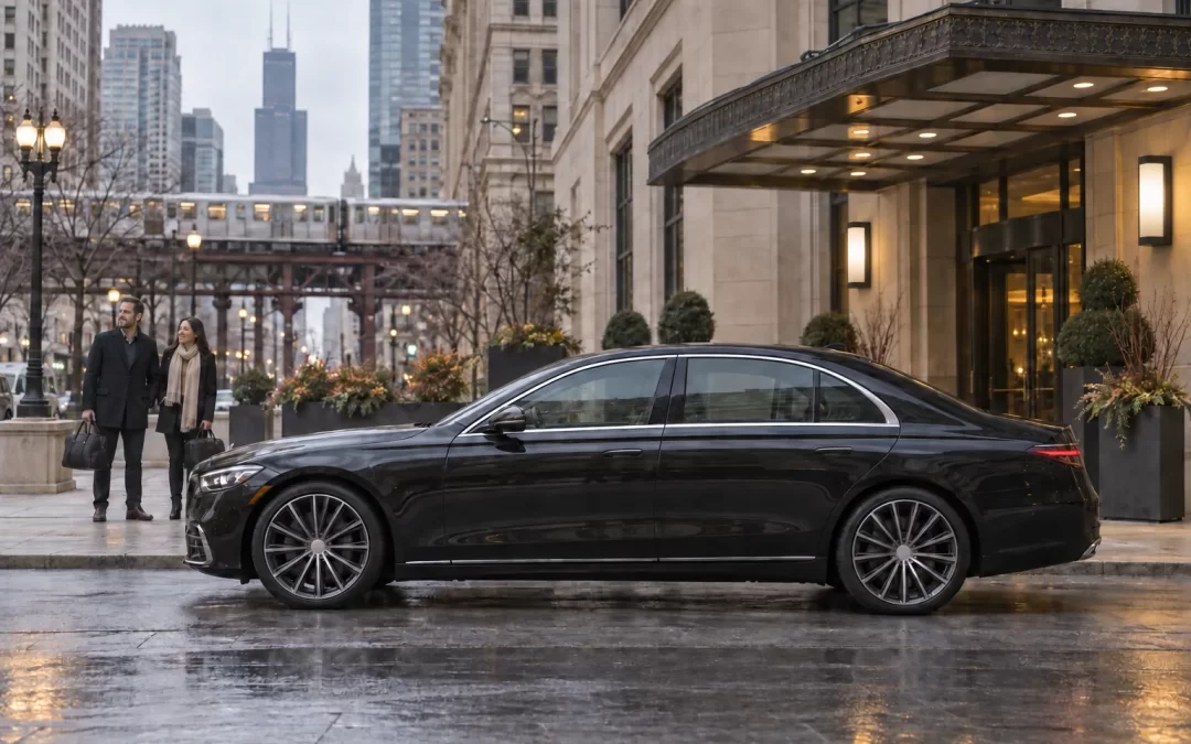Dark sedan outside a Chicago hotel with two guests carrying small bags