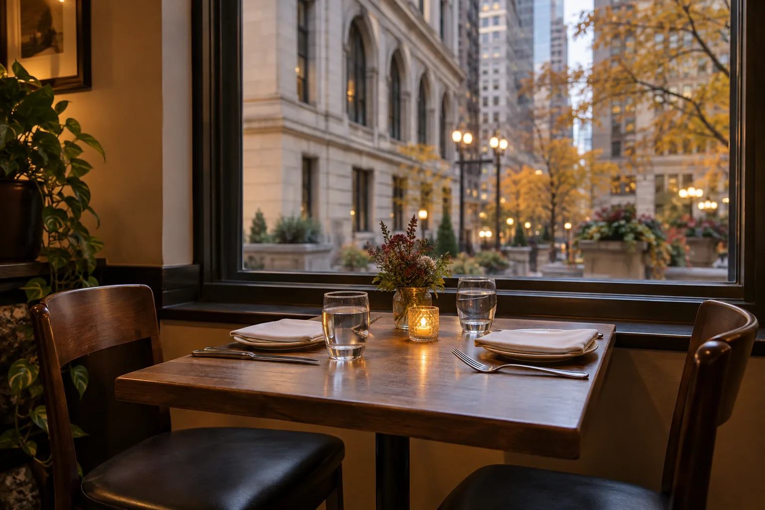 Table set for two beside a restaurant window overlooking a Chicago streetscape