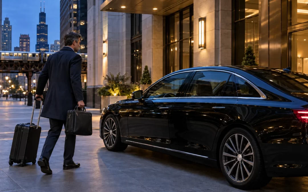 Business traveler with a briefcase and rolling bag beside a black sedan near Chicago elevated tracks