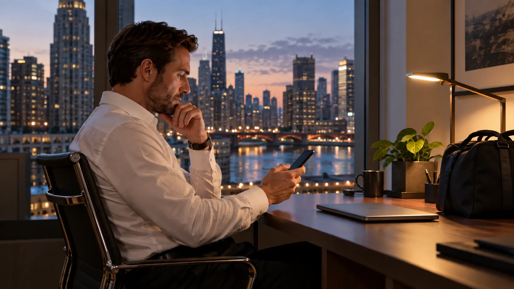 Professional reviewing a phone beside a closed laptop and overnight bag with Chicago buildings beyond the window