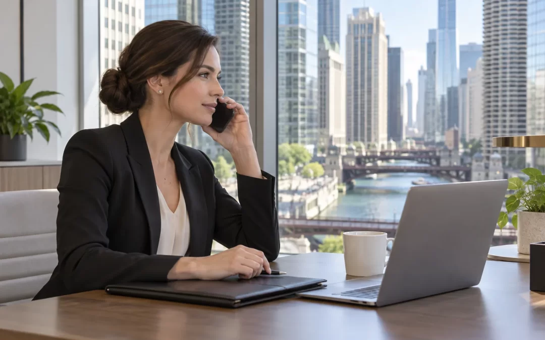 A coordinator speaks on a phone at a desk overlooking the Chicago River