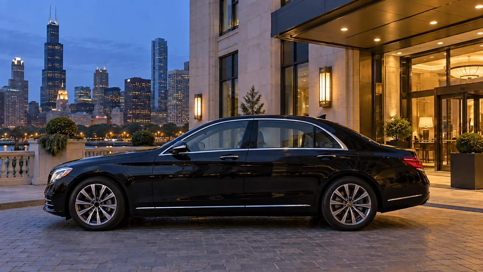 A black sedan stands beside a warmly lit Chicago hotel entrance at dusk