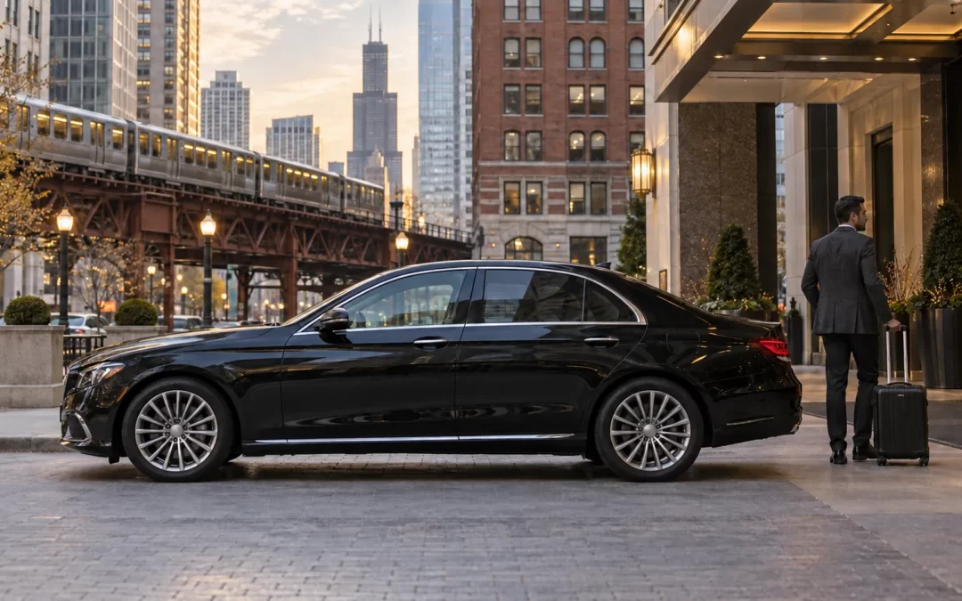 Business traveler with a rolling bag beside a black sedan outside a downtown Chicago hotel