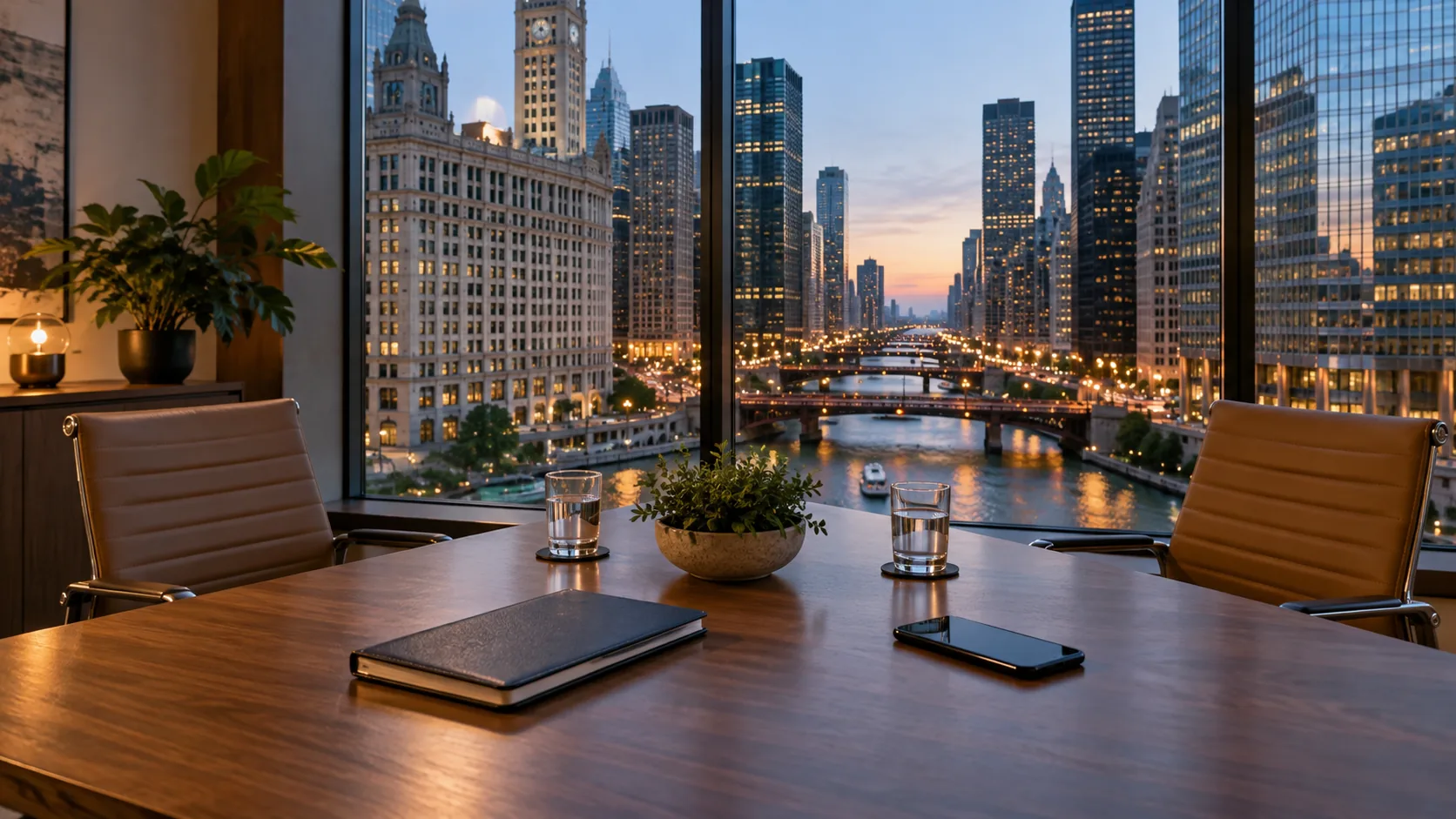 Two empty chairs, a notebook, a phone and water glasses in a meeting room overlooking the Chicago River