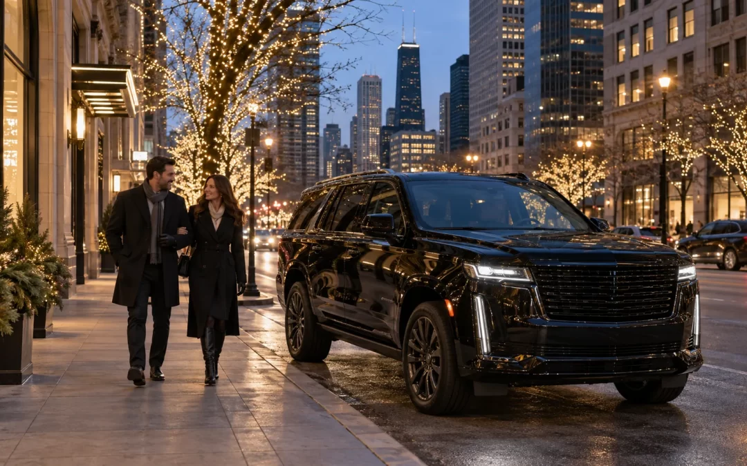 A couple walks toward an unbranded SUV near holiday lights on Michigan Avenue
