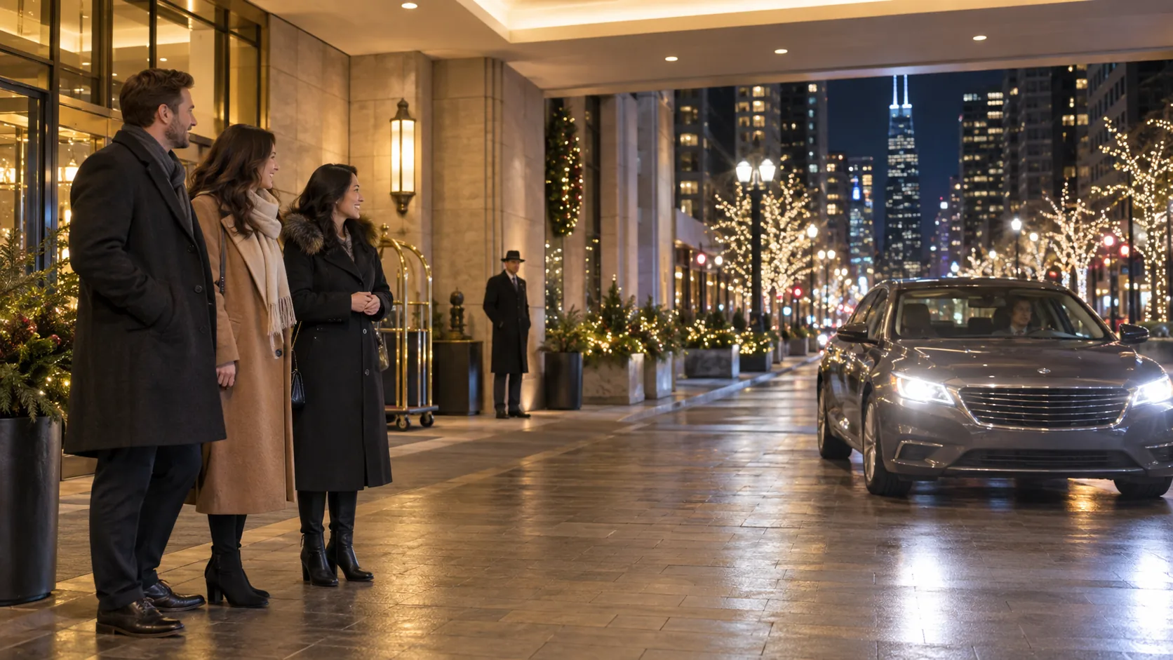 Three adults wait under a downtown hotel canopy as an unbranded sedan approaches