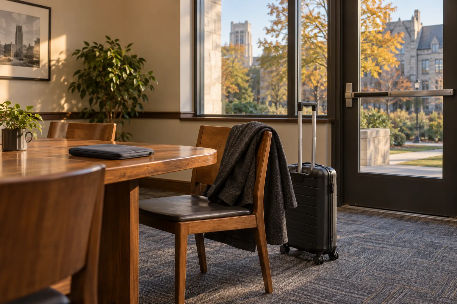 Suitcase, coat and laptop sleeve beside a meeting-room chair and glass door
