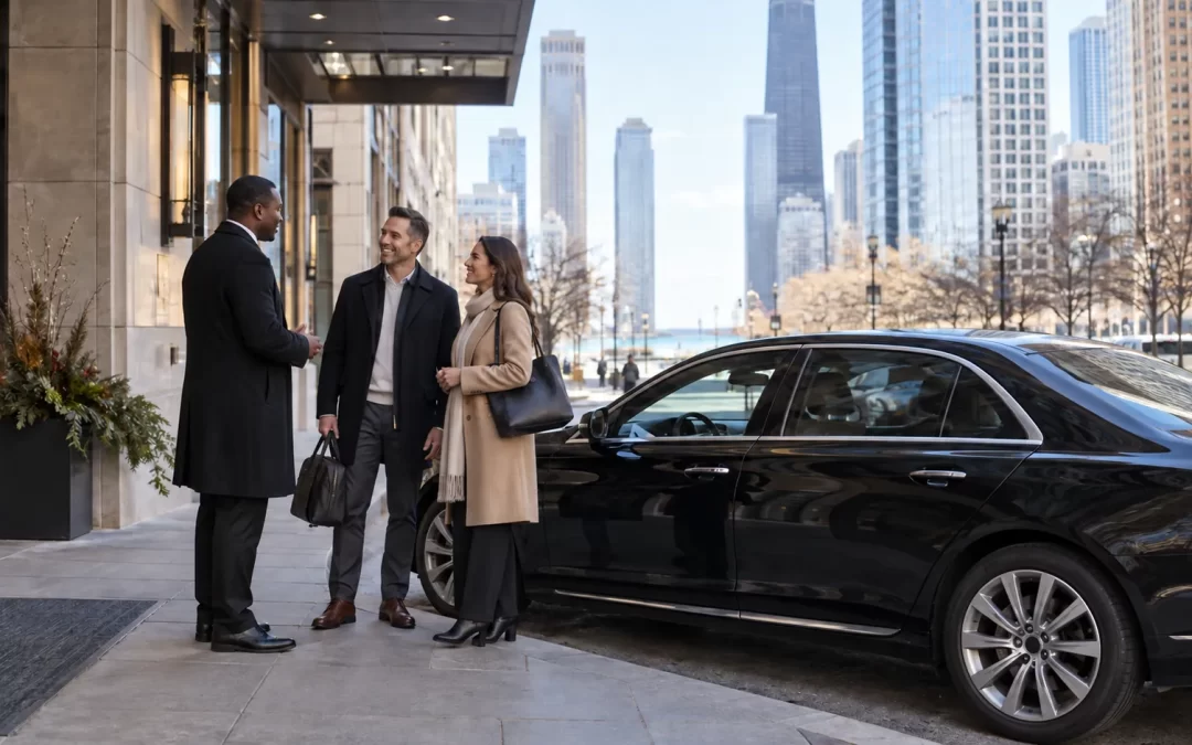 A host and two guests stand beside a black sedan outside a Chicago hotel