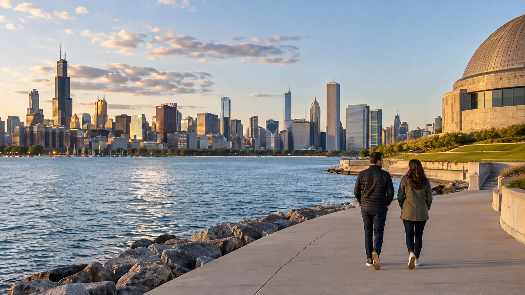 Two adults walk beside Lake Michigan with the Chicago skyline and planetarium beyond