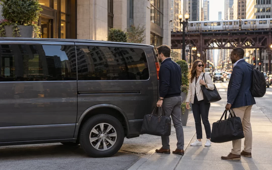 Three colleagues with overnight bags beside a passenger van near Chicago elevated tracks