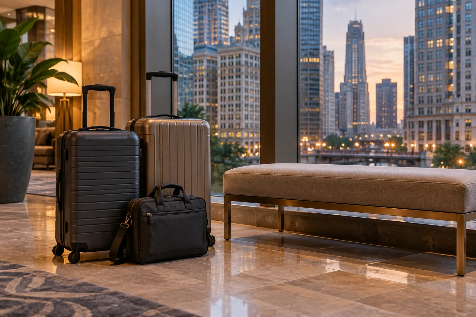 Two rolling suitcases and a laptop bag beside a hotel lobby bench