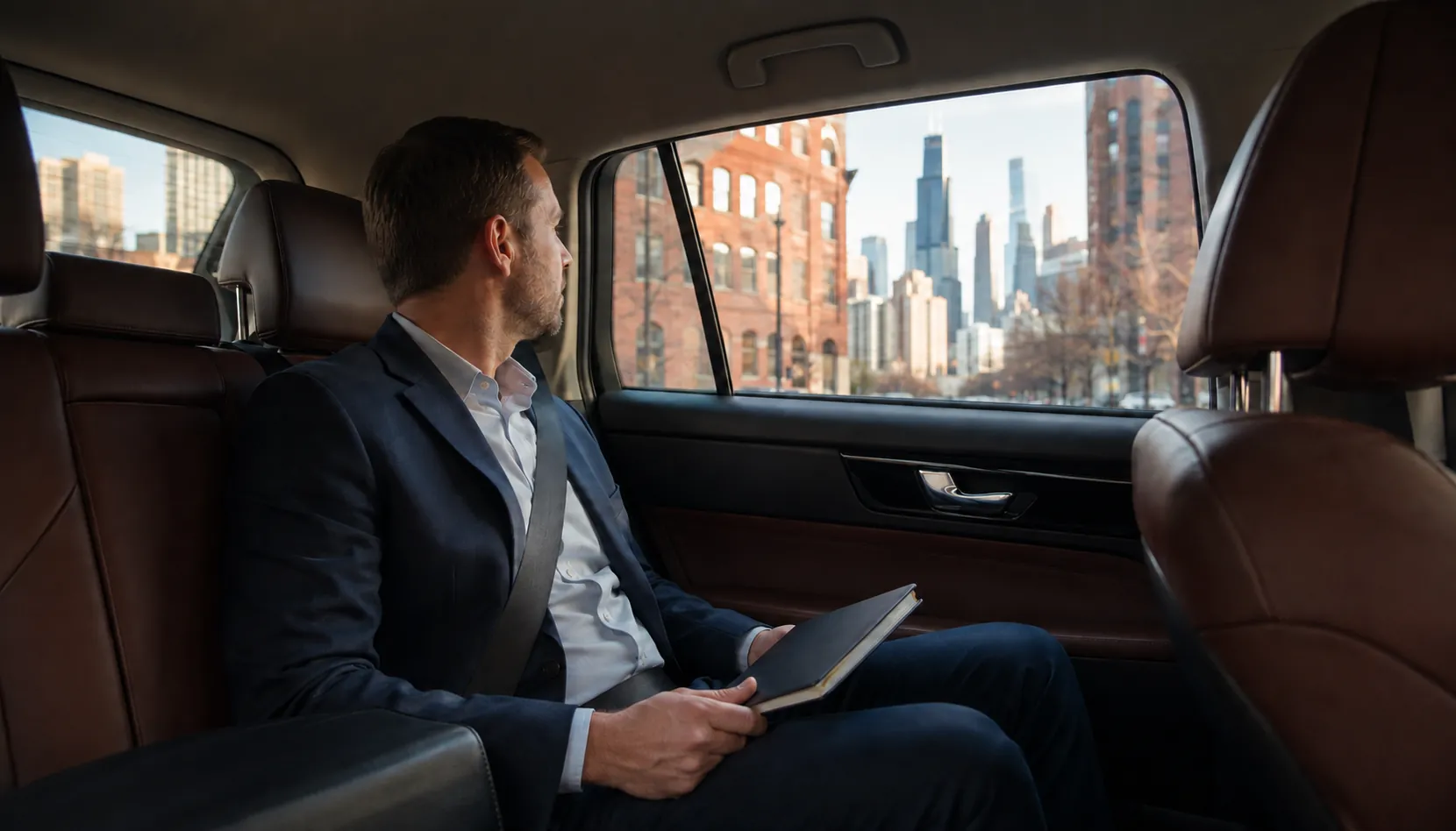A seated traveler with a notebook and briefcase inside a vehicle overlooking Chicago streets