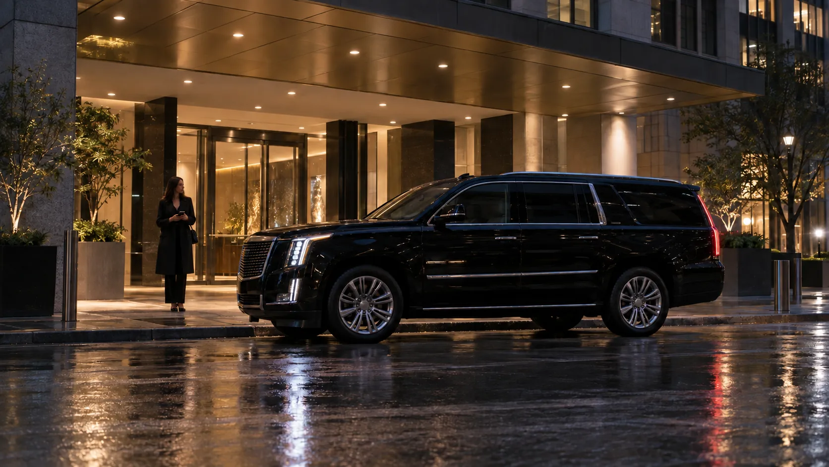 An unbranded black SUV waits outside a covered Chicago building entrance at night
