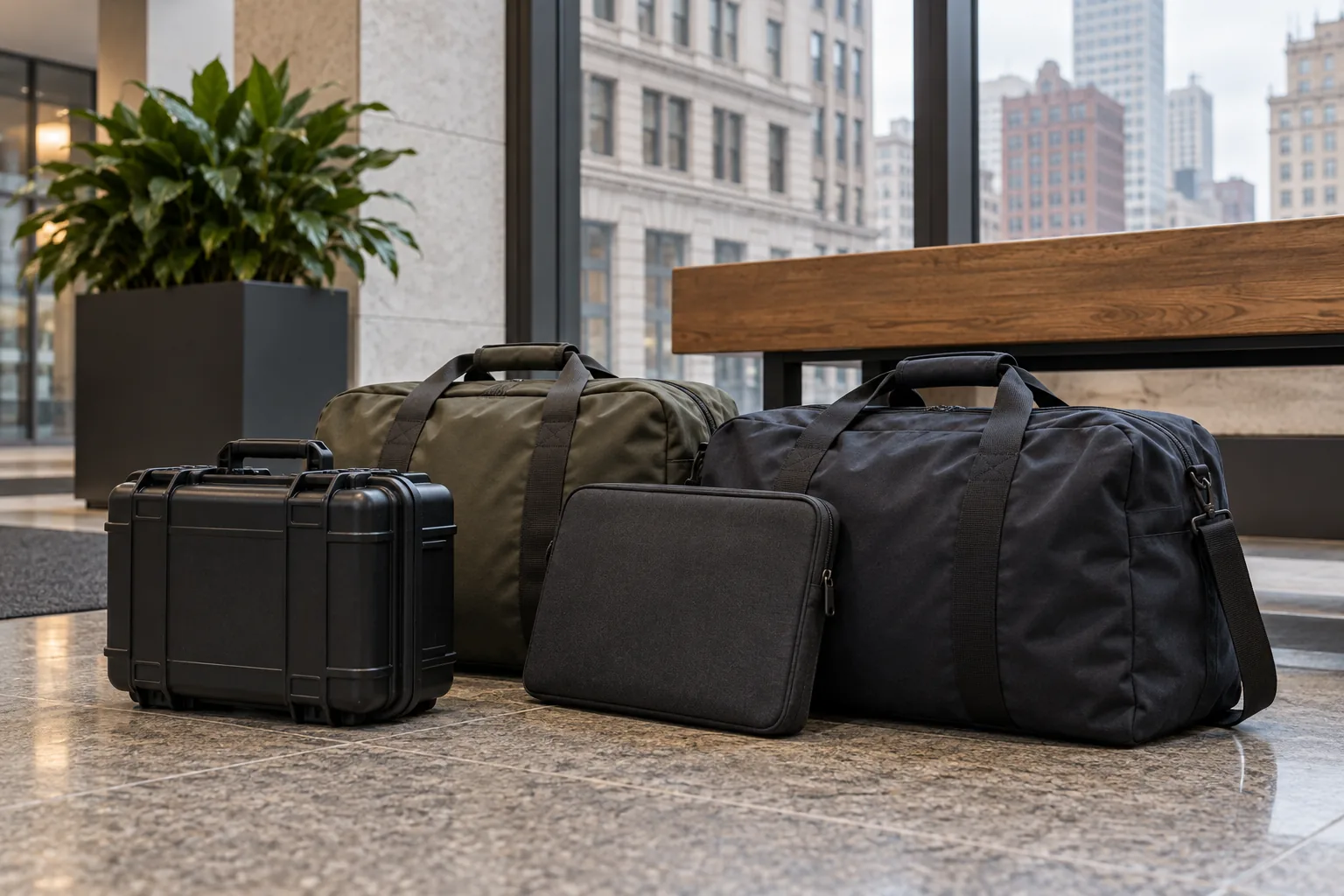 Hard equipment case, laptop sleeve and two duffel bags beside an office lobby bench