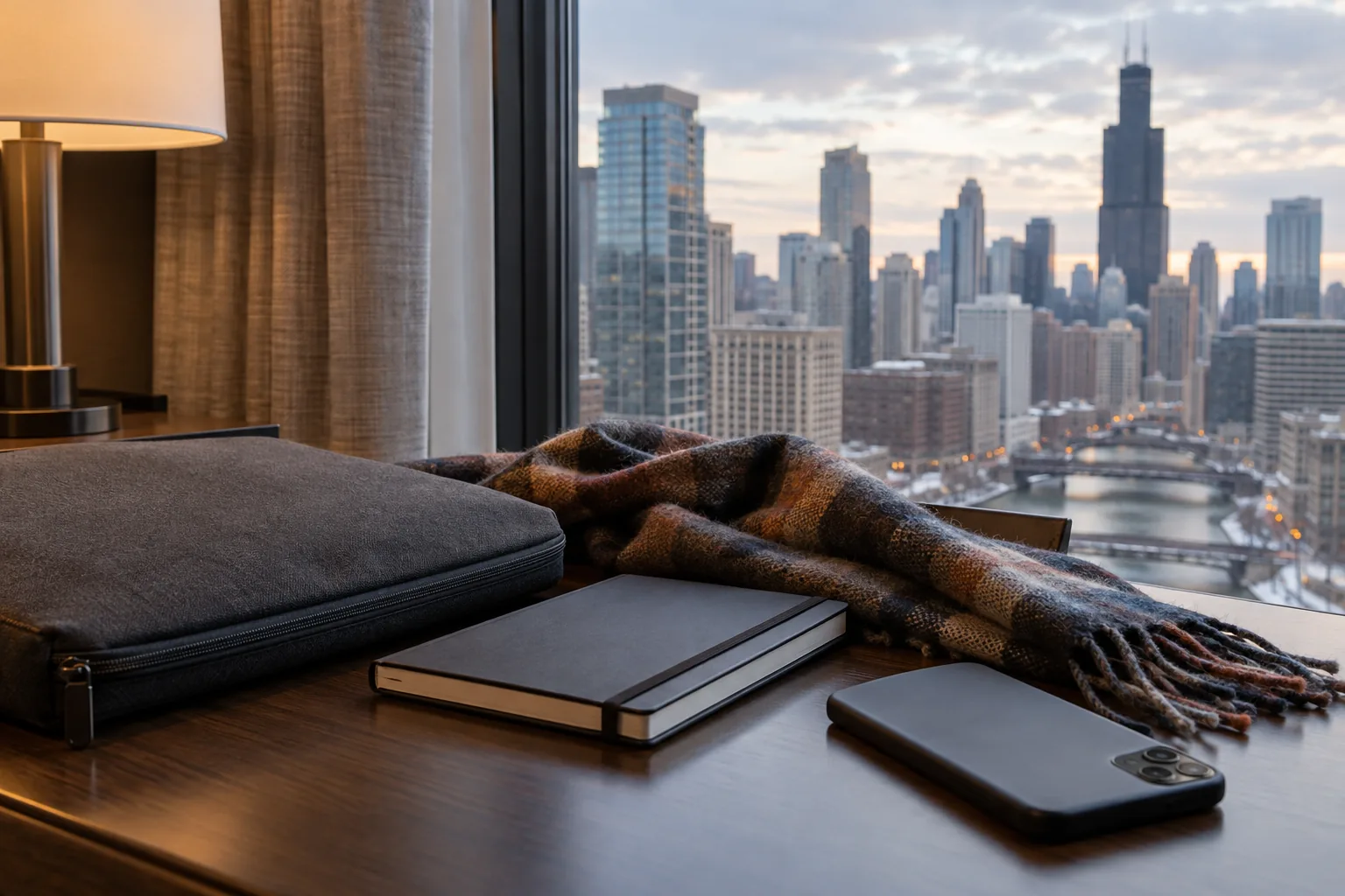 Laptop sleeve, notebook, scarf and phone on a hotel desk overlooking the Chicago skyline