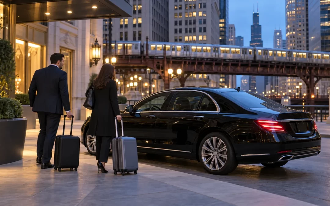 Two business travelers with rolling bags beside a black sedan outside a downtown hotel
