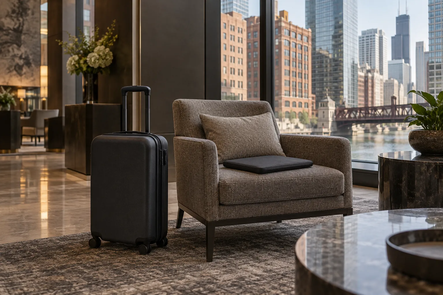 Rolling suitcase beside a lobby chair holding a laptop sleeve, with downtown Chicago visible through the window.