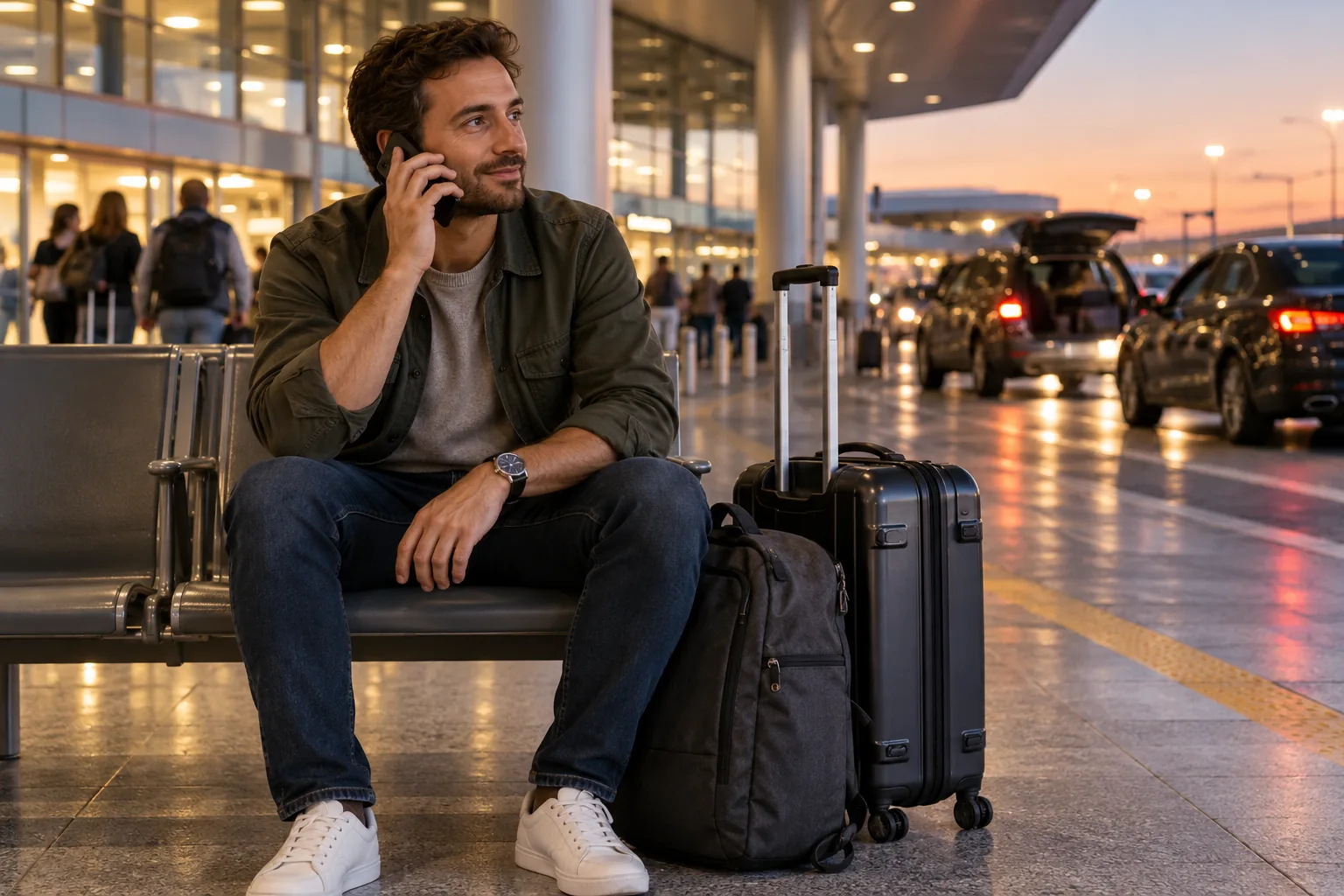 Seated traveler speaking on a phone beside a suitcase and backpack at an airport public area