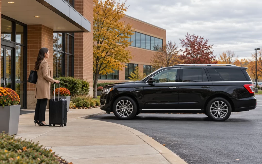 Business traveler with a suitcase outside a suburban office beside a dark SUV
