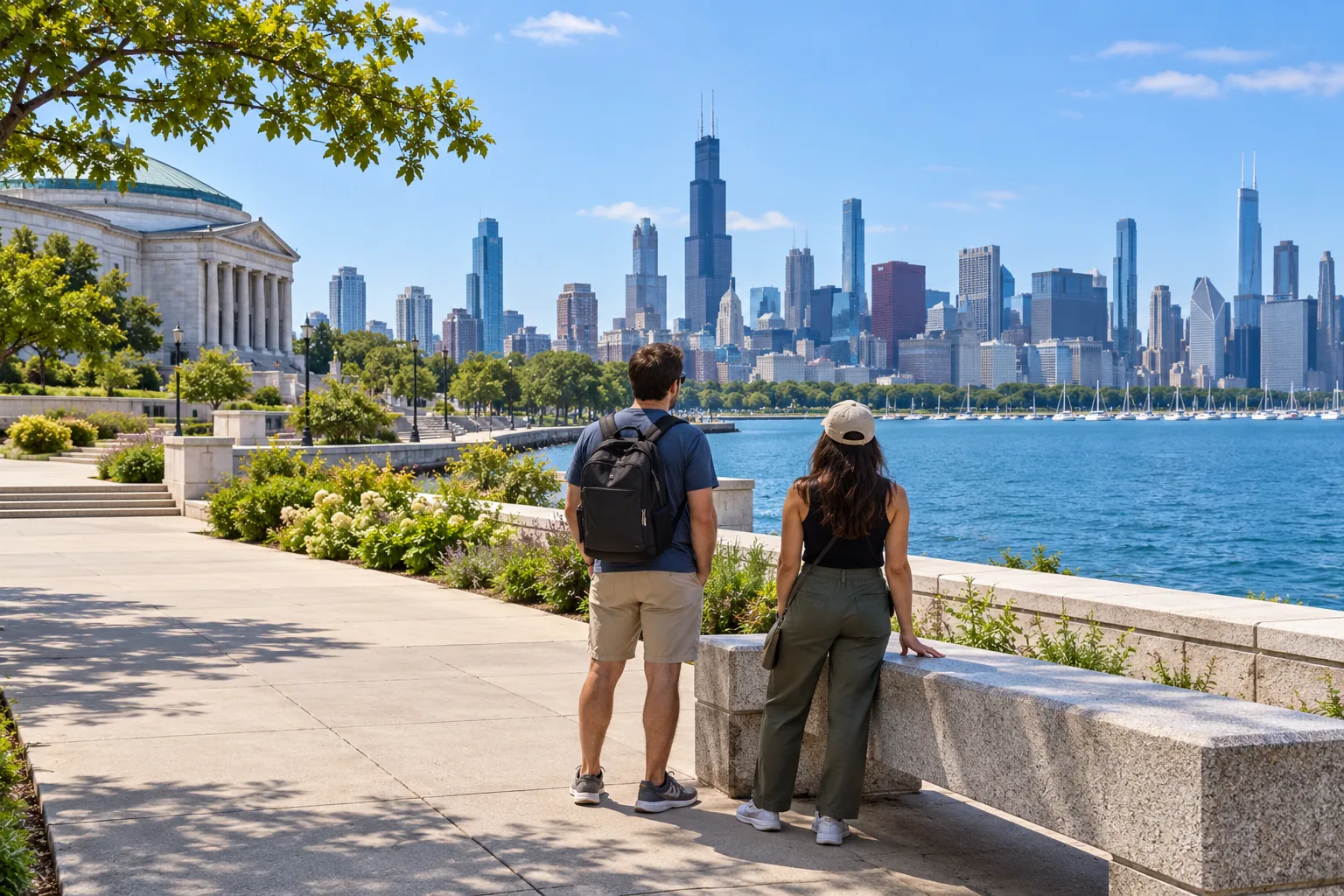 Two visitors with a backpack beside a stone bench overlooking the lake and Chicago-inspired skyline