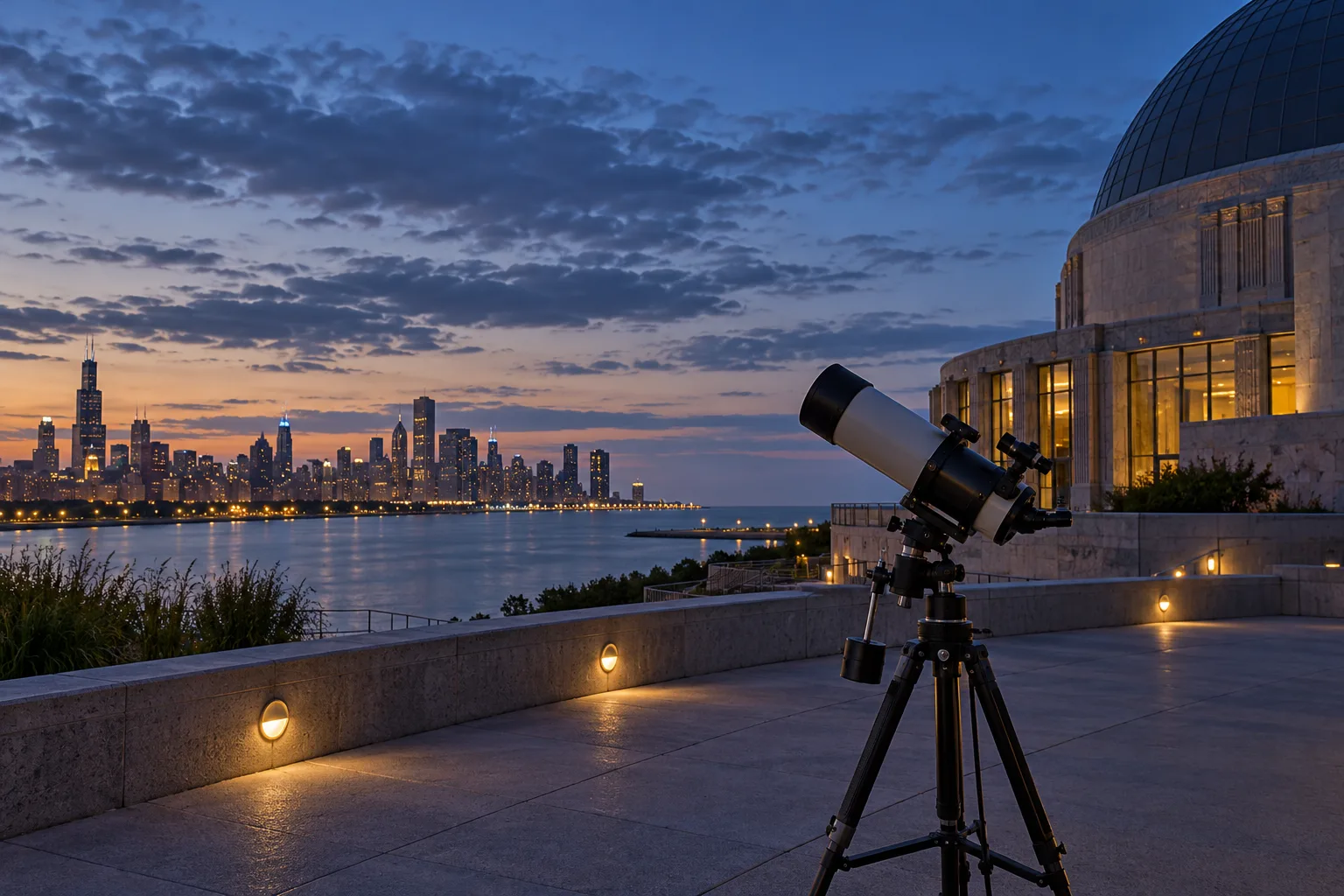 Portable telescope on a terrace overlooking water and the Chicago skyline at dusk