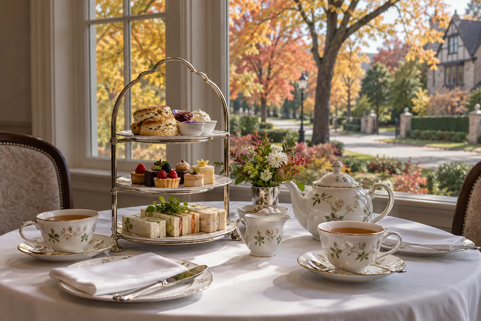 Teacups, a teapot and a tiered tray of scones and small sandwiches beside an autumn window