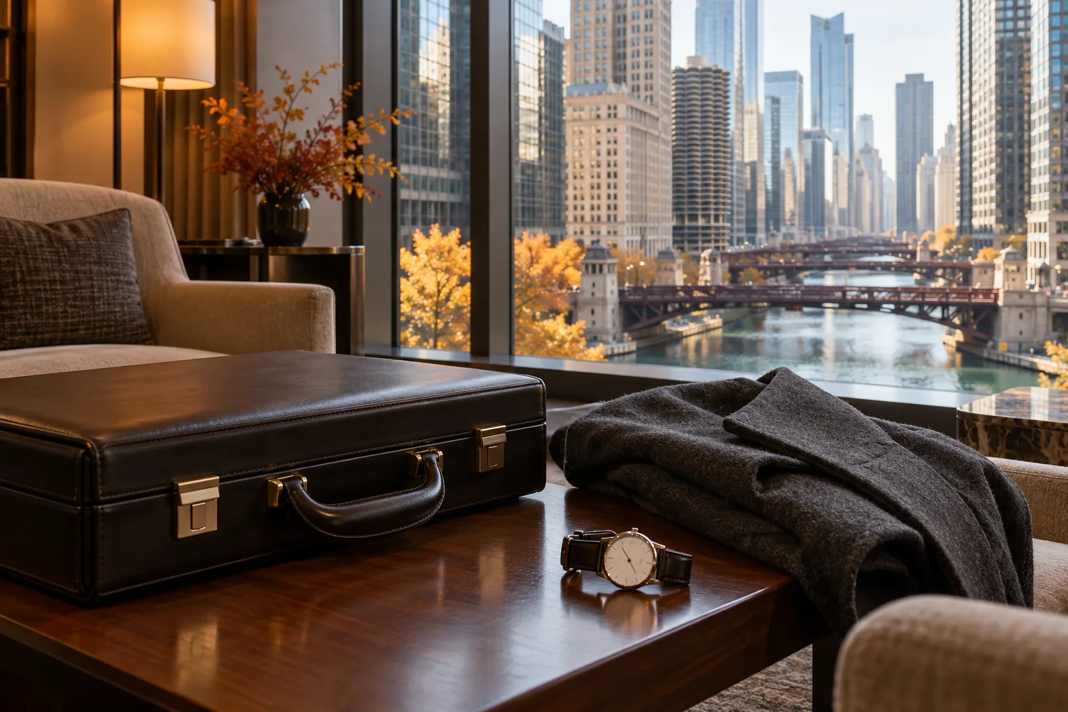Briefcase, folded coat and wristwatch beside a window overlooking the Chicago River