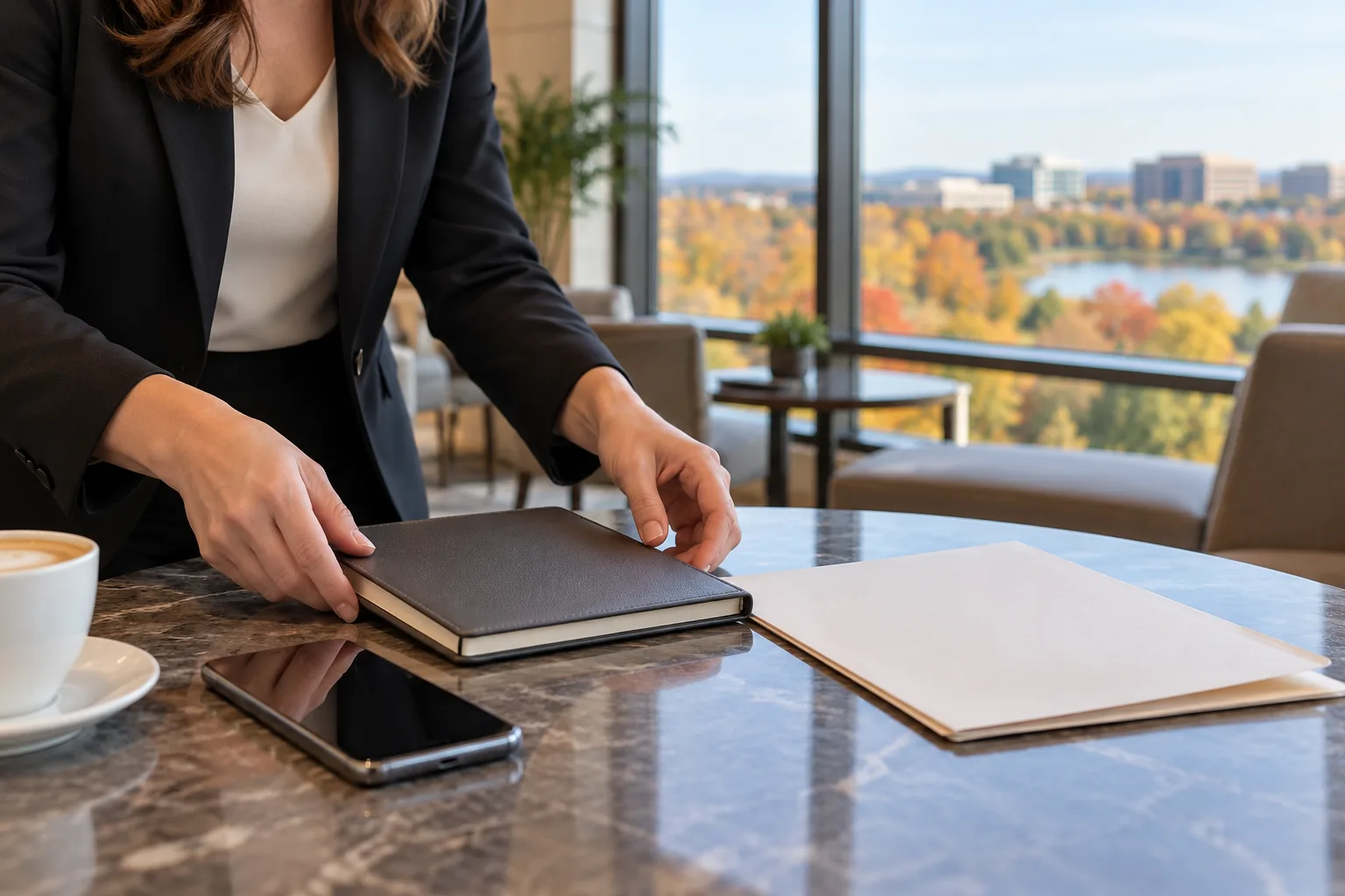 Hands arranging a closed notebook and plain folder beside a phone on a hotel table