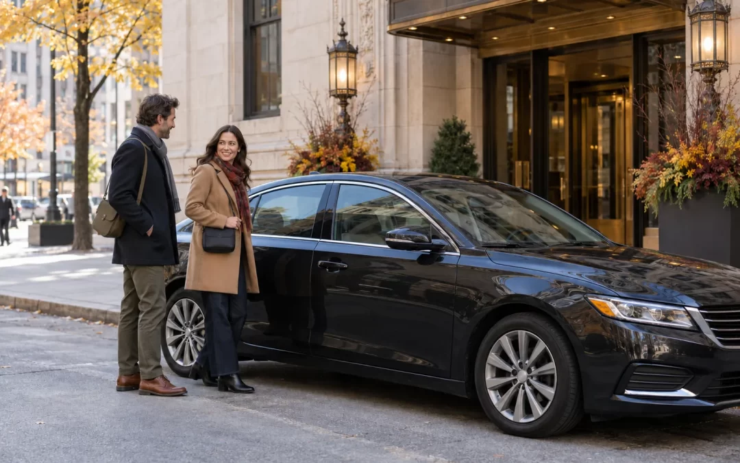 Two adults in autumn coats with day bags beside a dark sedan outside a stone hotel entrance