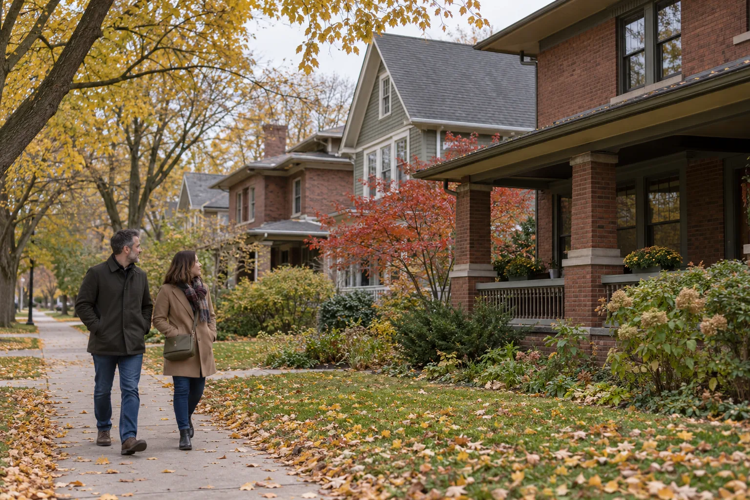 Two adults in coats walking on a leafy residential sidewalk beside historic houses