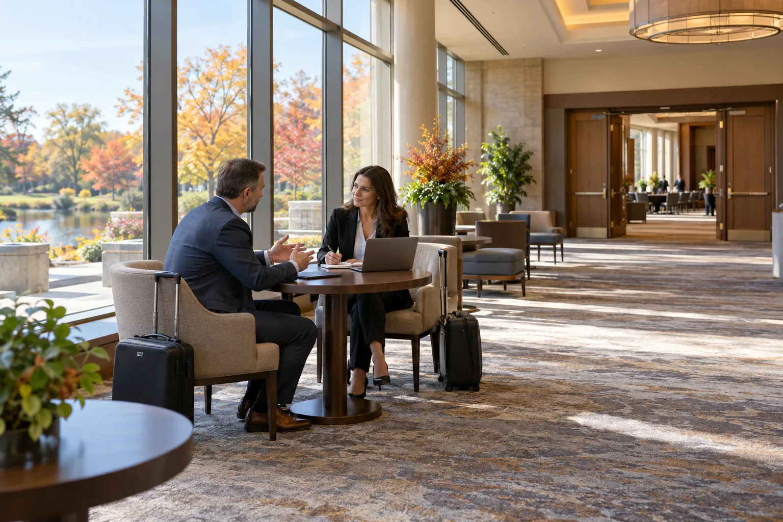 Two business colleagues at a table with rolling bags in a bright conference foyer