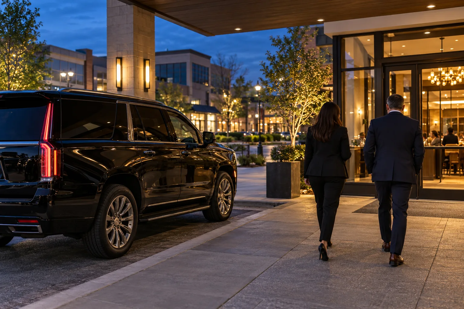 Two business guests approaching a restaurant with a black SUV beside the entrance
